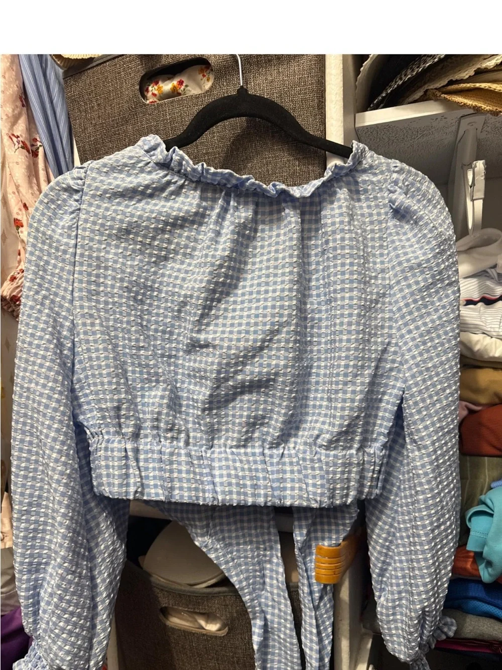 Zara Light Blue Gingham Tie-Front Puff Sleeve Blouse